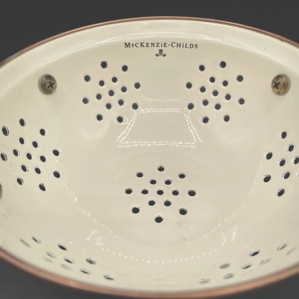 MacKenzie Childs Courtly Check Small Colander Enamel Strainer Black And White